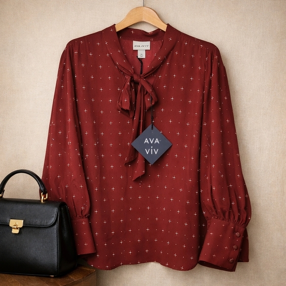 Ava & Viv Tops - Ava & Viv Burgundy Tie-Neck Blouse with Tiny Cross Dot Print